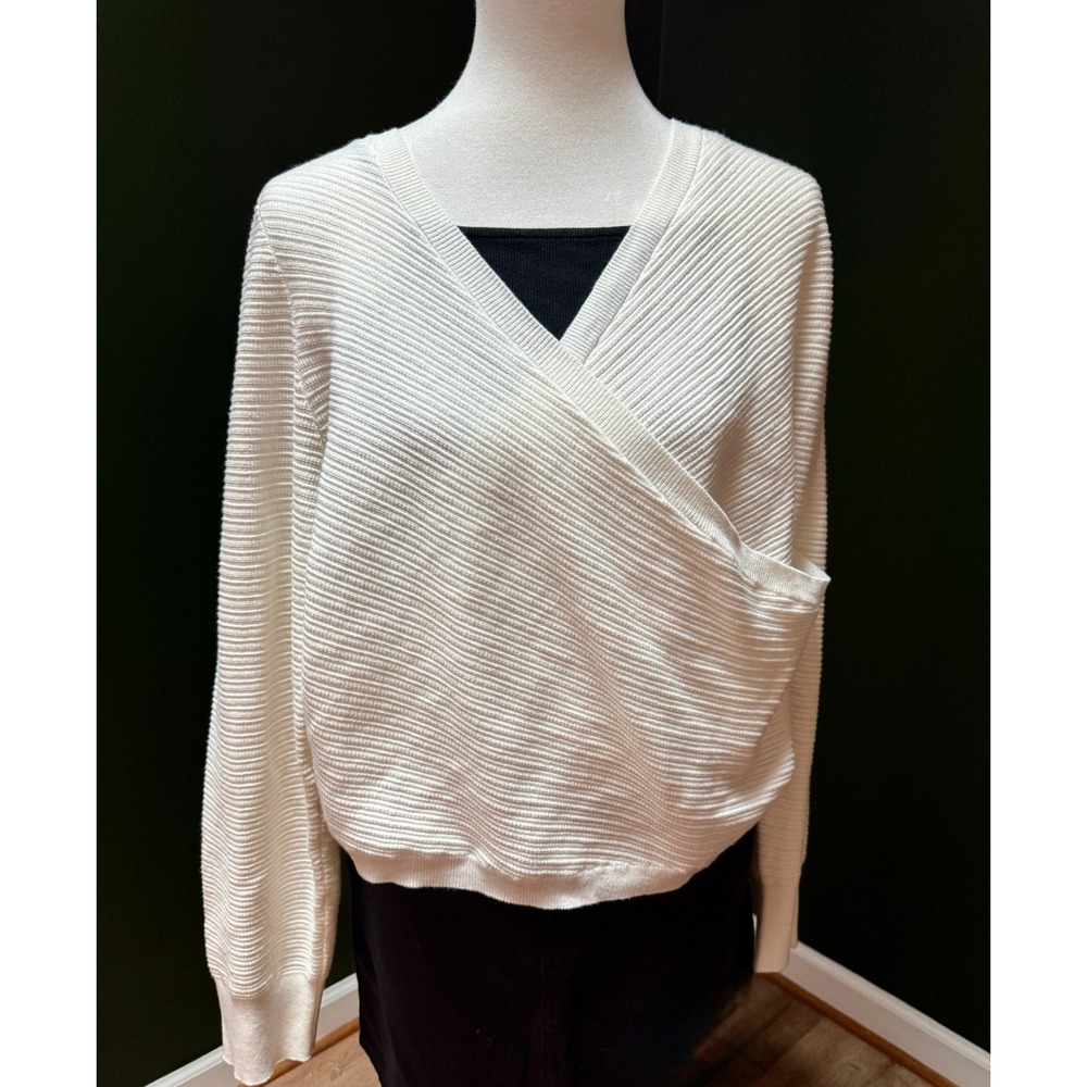 DKNY Jeans‎ Cream Ribbed Knit V-Neck Wrap Long Sleeve Top Women's XL